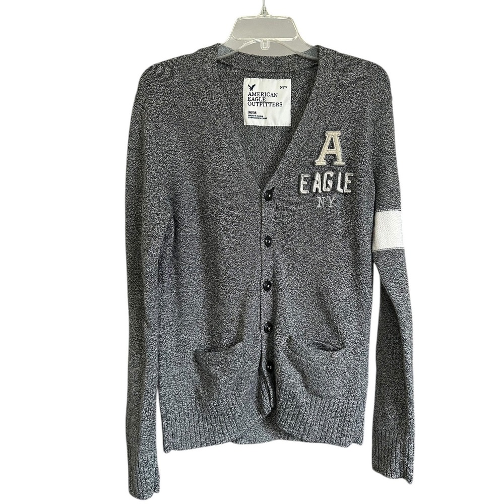 American Eagle Mens Gray Marl Wool Blend Varsity Cardigan‎ Sweater M Grandpacore